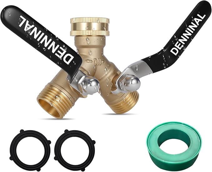 Garden Hose Splitter, Brass Hose Splitter 2 Way Heavy Duty, Leakproof Water Spigot Splitter with Stainless Steel Long Handle, Durable All-Metal Y Adapter with Shut-Off Valve, 3/4 GHT Splitter