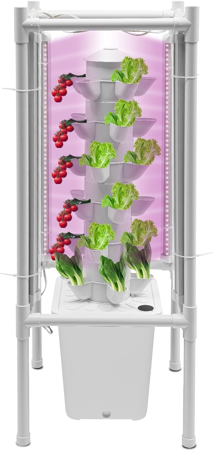Vertical Hydroponic Tower Growing System,6Tiers 30Pods Home Hydronic Garden Kit with Water Pump&LED Light,Water Circulation Plants Germination System for Indoor Herbs Fruits & Vegetable (white)