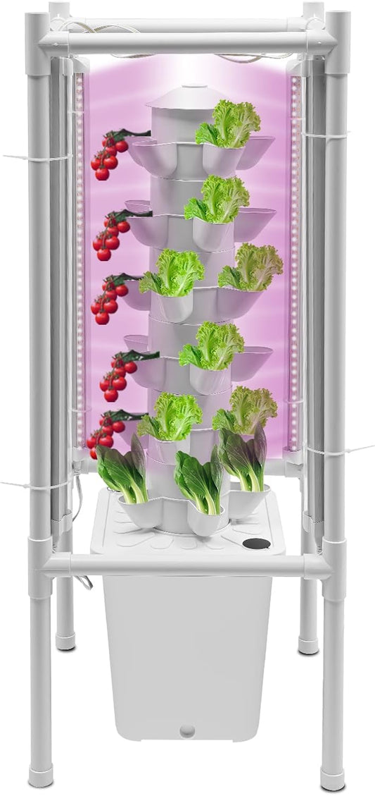Hydroponic Tower Growing System Kits with LED Grow Lights 30 Pods Indoor Vertical Planter Germination Kit 6 Layers Hydroponic Tower for Fruits, Vegetables, Herbs, and Miniature Greens (White)