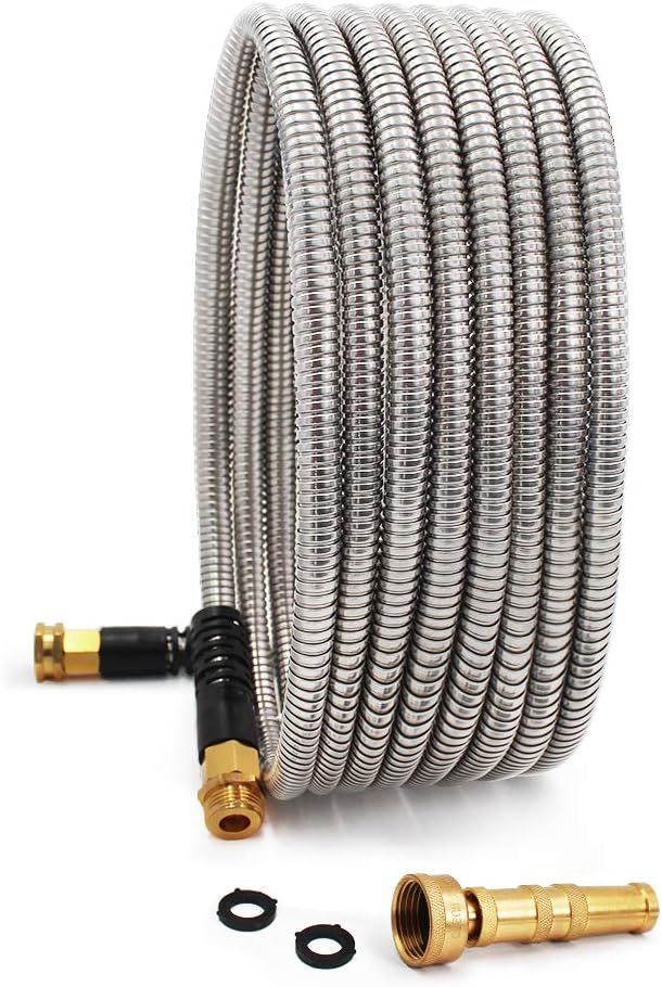 Cesun Ultra-Sturdy 25ft Metal Garden Hose - 304 Stainless Steel, Flexible & Kink-Free, UV Resistant, All-Weather, Includes High-Pressure Brass Nozzle - Ideal for Home & Outdoor Use