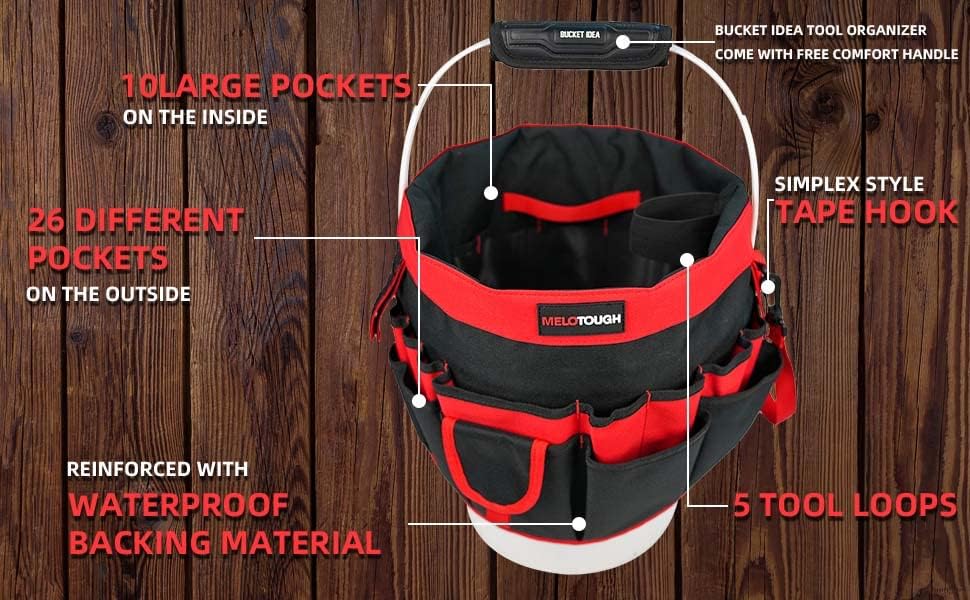MELOTOUGH Bucket Caddy Organizer Bucket Tool Organizer for Garden Tools Fit 3.5 to 5 Gallon Bucket (Red)