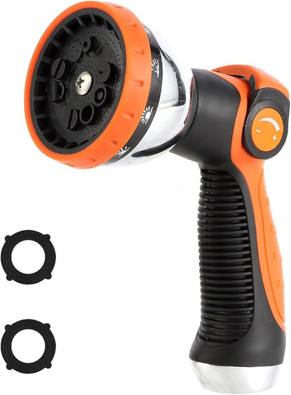 Garden Water Hose Nozzle Metal Heavy Duty Sprayer Thumb Control with 10 Spray Modes Suitable for Watering Plants, Iawn and Garden, Car Washing, Cleaning, Showering Pets and Outdoor Fun, Orange