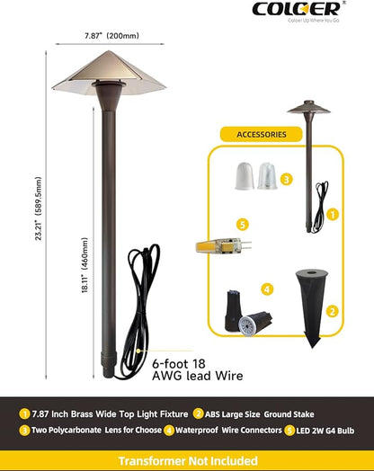 COLOER 4-Pack 12V Brass Outdoor Low Voltage Garden Path Lights for Outside(Bronze,23.2" Tall, 7.9" Shade) with 2W 2700K G4 LED Bulb(605B)