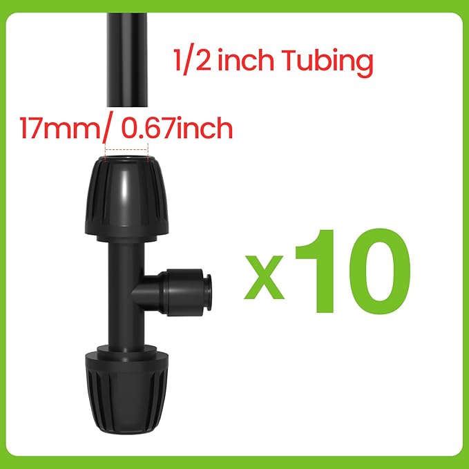 Bonviee 10 Pack 1/2” to 1/4” Reducing Tee Connectors, Push-to-Connect Quick Install Drip Irrigation Fittings, Leak-Proof Tee Adapters for Splitting 1/2” Tubing to 1/4”, for Garden, Lawn, Greenhouse