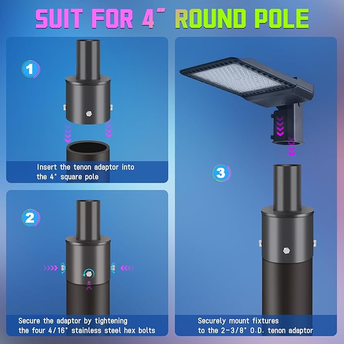 4" Round Mounting Bracket Pole Arm for LED Parking Lot Light with 2-3/8", Solid Heavy Duty Mount Accessories Rustproof Vertical Top Mount Tenon Adapter for Slip Fitter Street Shoebox Lights