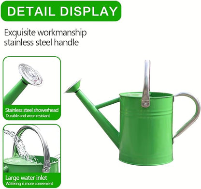 Metal Watering Can, One Gallon Watering Cans Stainless Steel for Outdoor Indoor Garden Plants Watering (Stainless Steel Handle Green)