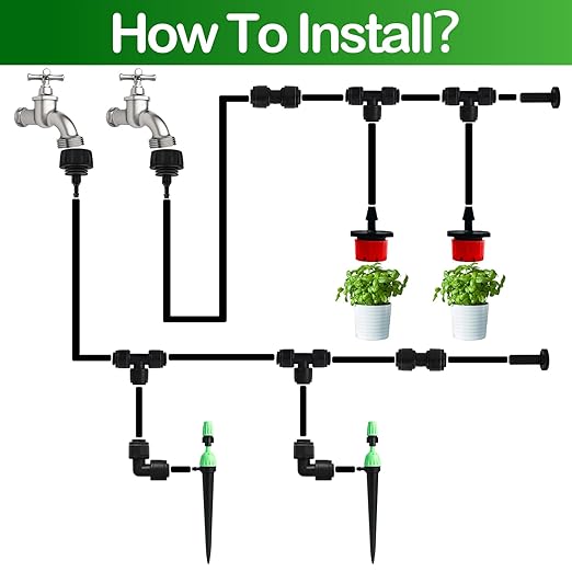 Drip Irrigation Emitters for 1/4" Irrigation Tubing, 25 Pack Integrated Drip Irrigation Stream Emitters & Adjustable Atomizing Nozzles with Stake Adjustable 360 Degree Water Flow Sprayer