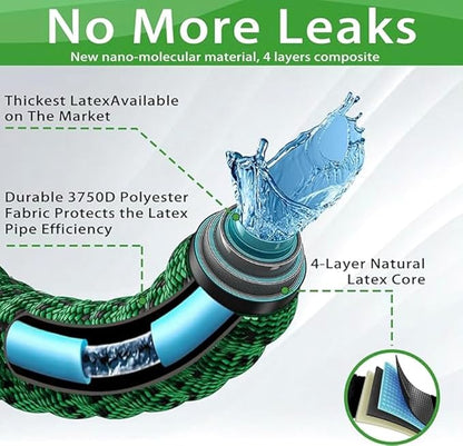 J&B XpandaHose 75ft Expandable Garden Hose with Holder - Heavy Duty Superior Strength 3750D - 4 -Layer Latex Core - Extra Strong Brass Connectors and 10 Spray Nozzle w/Storage Bag (Green 75)