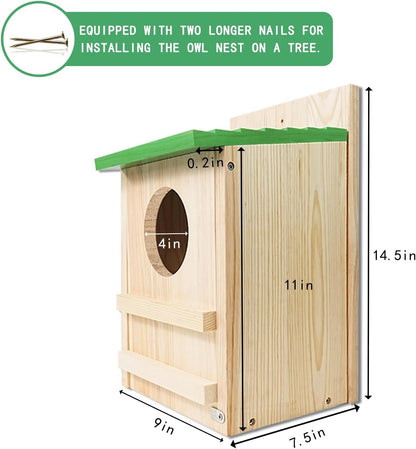 Screech Owl House, Owl Bird Box Large Handmade Wooden Circular Opening Screech Box for Outside with Mounting Screws and A Bag of Wood Shavings, Easy Assembly Required (Green, 9''x14.5XX)
