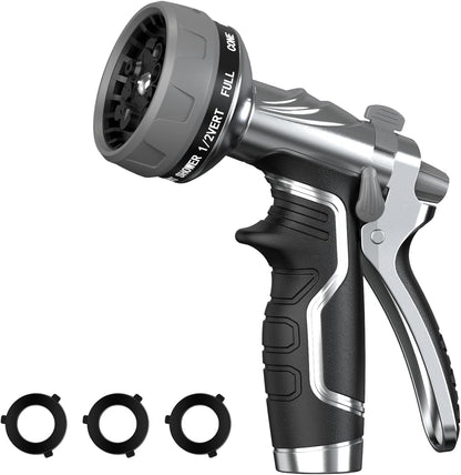 Garden Hose Nozzle, Heavy Duty Metal Water Hose Nozzle with 8 Adjustable Spray Patterns, High Pressure Hand Sprayer with Flow Control for for Garden Watering, Car & Pet Washing
