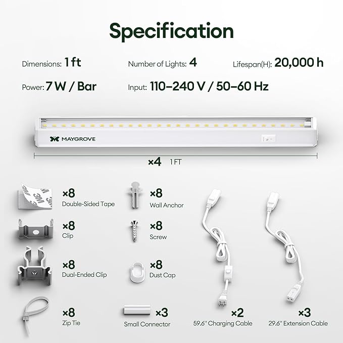 Plant Grow Lights 1FT, Sun-Like Full Spectrum 5000K, 28W(4 x 7W), T5 LED Grow Light Strips for Indoor Plants and Flowers, High PPFD, Linkable, White, 4-Pack