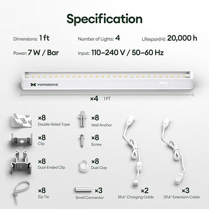 Plant Grow Lights 1FT, Sun-Like Full Spectrum 5000K, 28W(4 x 7W), T5 LED Grow Light Strips for Indoor Plants and Flowers, High PPFD, Linkable, White, 4-Pack