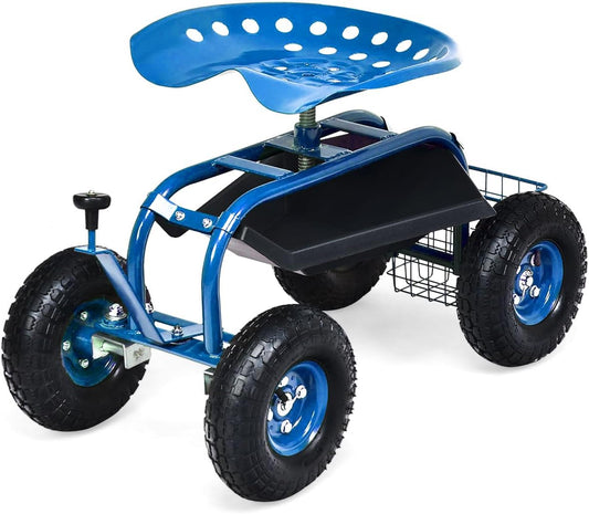 Goplus Garden Seat with Wheels, Rolling Garden Cart with 360 Degree Swivel Seat for Planting, Gardening Stool w/Tool Tray, Basket, Gardening Chair Workseat, Patio Wagon Scooter for Seniors