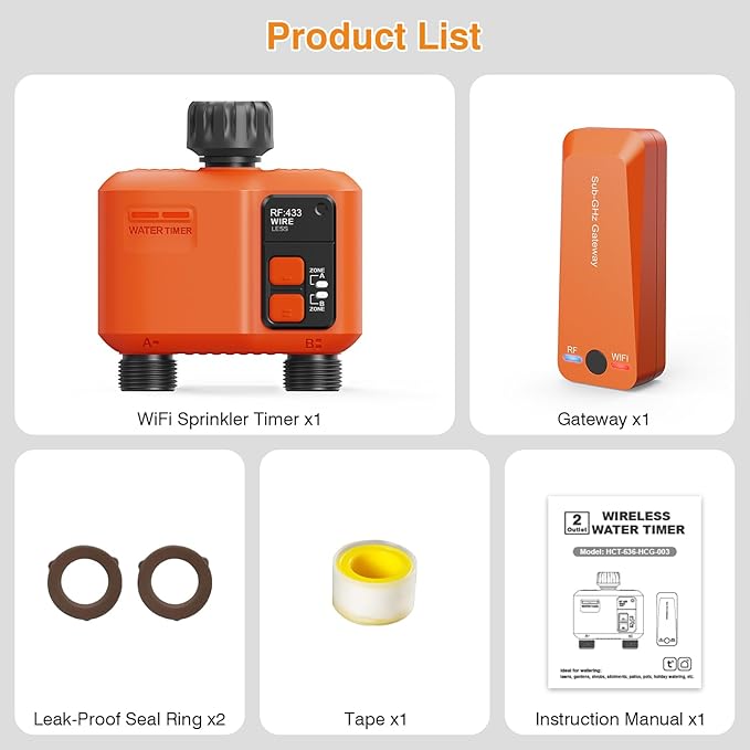 WiFi Water Timer for Garden Hose with 984 ft Range,Smart 2- Zone Sprinkler Timer, APP & Remote Control, Voice Control,Rain Delay, Manual Mode Sprinkler System, Lawn Sprinklers for Yard Large Area