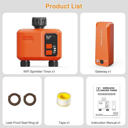 WiFi Water Timer for Garden Hose with 984 ft Range,Smart 2- Zone Sprinkler Timer, APP & Remote Control, Voice Control,Rain Delay, Manual Mode Sprinkler System, Lawn Sprinklers for Yard Large Area