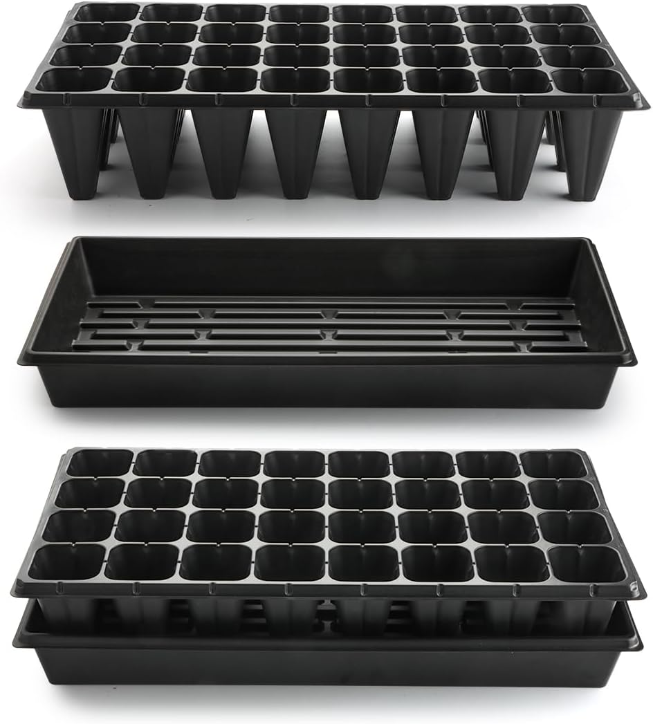 10 Pack 1020 Seedling Starter Trays with 10 Pack 32 Cell Plug Inserts Extra Deep 4.33" - Heavy Duty Plastic Nursery Trays for Seed Germination & Plant Propagation (10 Sets)
