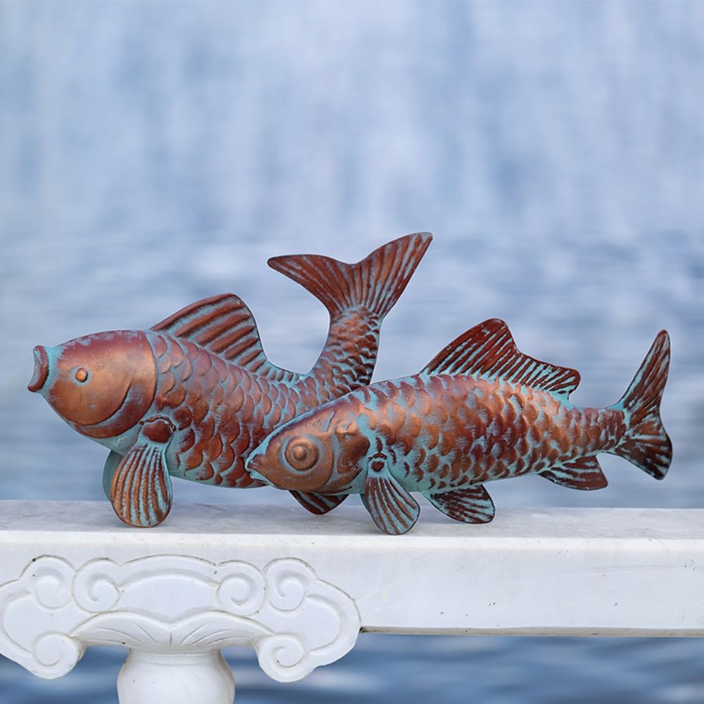Metal Koi Fish Sculptures, Outdoor Garden Sculptures & Statues, Antique Copper Koi Pond Decor, Set of 2 Koi Fish Figurines Artwork, Garden Statue for Indoor Outdoor Patio Backyard Home Kitchen