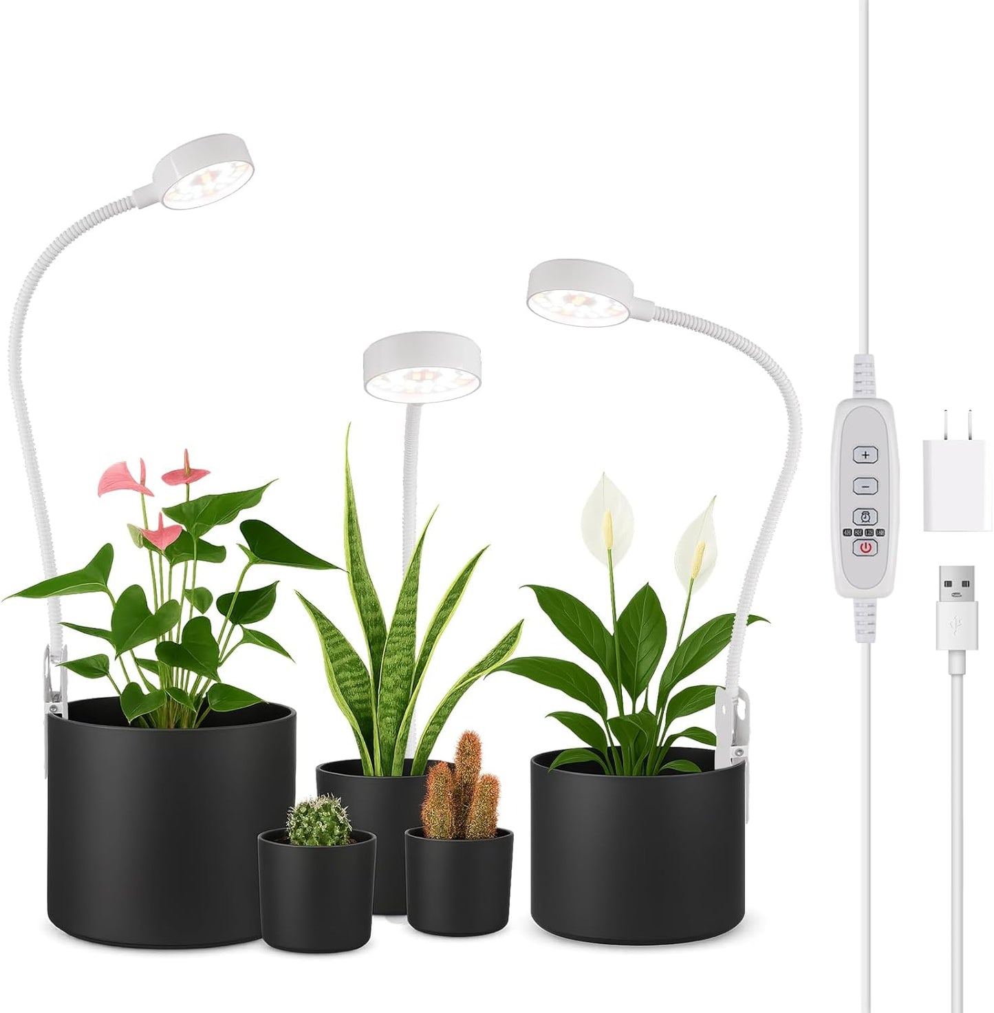 Pot Clip LED Grow Lights for Indoor Plants, Full Spectrum with 5-Level Dimmable, Auto On Off 4/8/12/18 Hrs Timer for Succulents, Small Plant, White, 5V, 3 Pack.
