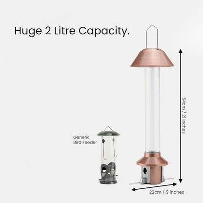 Roamwild 2.0 Squirrel Proof Wild Bird Feeder Mixed Seed Sunflower Heart Version - Now Greatly Improved - Antique Copper – Huge 4 POUND Seed Capacity – 26”x8”x8” (w/Hanger)