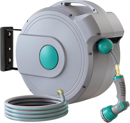 AXTRIM 100 ft x1/2 in Retractable Garden Hose Reel, Premium Wall Mounted Water Hose Reel with 10-Pattern Spray Nozzle, Any Length Lock, Slow Return System, 180° Metal Swivel Bracket, Anti-UV