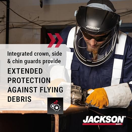 Jackson Safety Lightweight MAXVIEW Premium Face Shield - Mask with 370 Speed Dial Ratcheting Headgear, ANSI Z87.1, for Work, Grinding, Cutting - Uncoated - Clear Tint