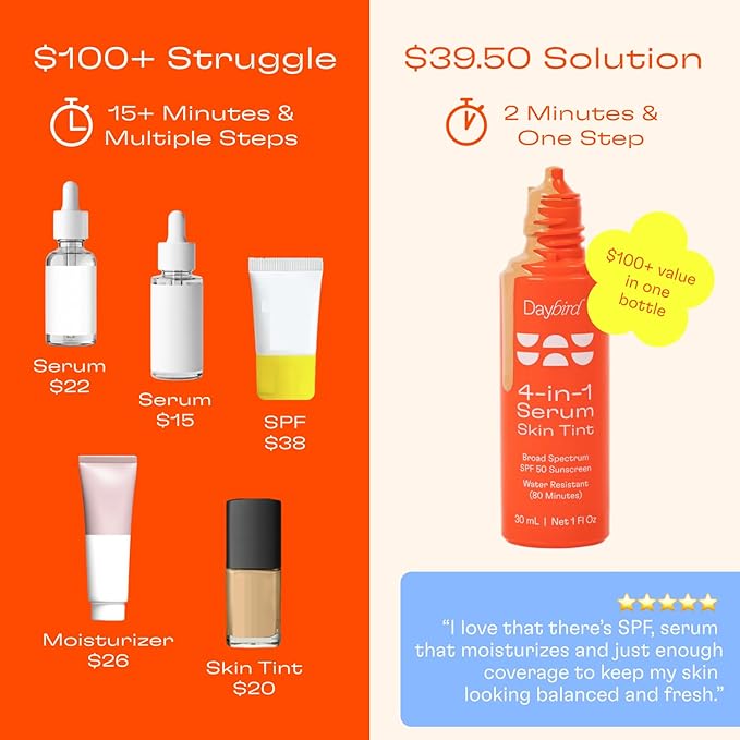 Daybird 4 in 1 Tinted Serum, Tinted Moisturizer and Sunscreen for Face, SPF 50+ Niacinamide, 1 Ounce (Medium-Deep)