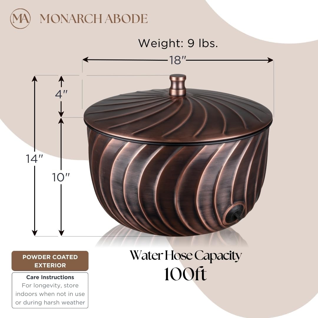 Monarch Abode Decorative Garden Hose Holder with Lid, Antique Copper Storage for Outdoor Use, 100 ft Water Hose Pot for Outside, Wave Embossed Metal Pot with Drainage, Garden Storage Organizer