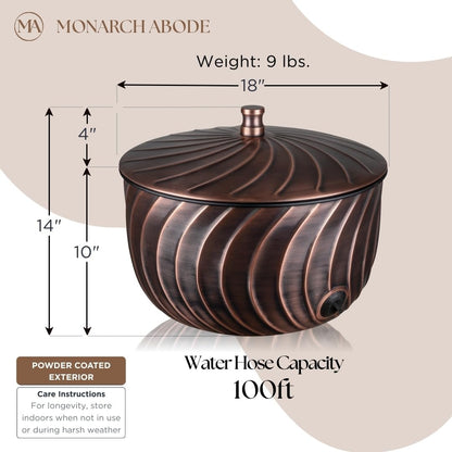Monarch Abode Decorative Garden Hose Holder with Lid, Antique Copper Storage for Outdoor Use, 100 ft Water Hose Pot for Outside, Wave Embossed Metal Pot with Drainage, Garden Storage Organizer