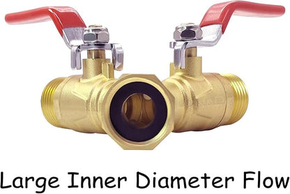 Brass Full Flow Garden Hose Splitter 3/4" GHT Heavy Duty 2 Way Y Valve Water Hose Shut Off Outdoor Faucet Splitter Connector Adapter with Long Handle