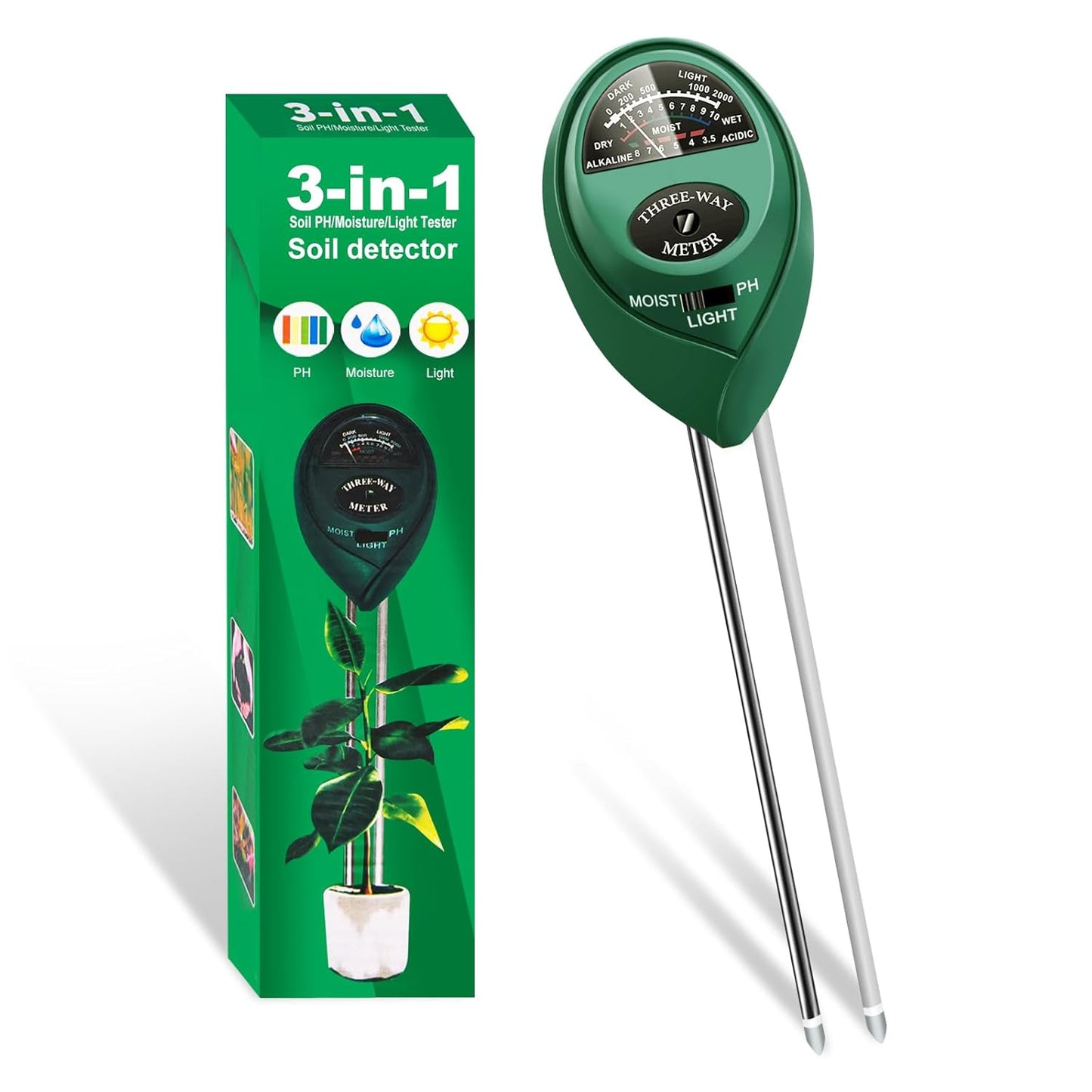 Soil Tester 3-in-1 – Soil Moisture Meter, Light Sensor & Soil pH Tester – No Battery Needed – Plant Moisture & Water Monitor for Garden, Lawn, Farm, Indoor/Outdoor – Promote Healthy Growth