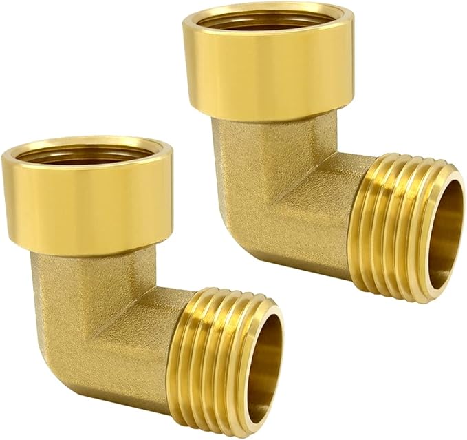 Hooshing 2PCS Brass Garden Hose Elbow Connector 90 Degree 3/4 Inch GHT Male and Female Pipe Fitting