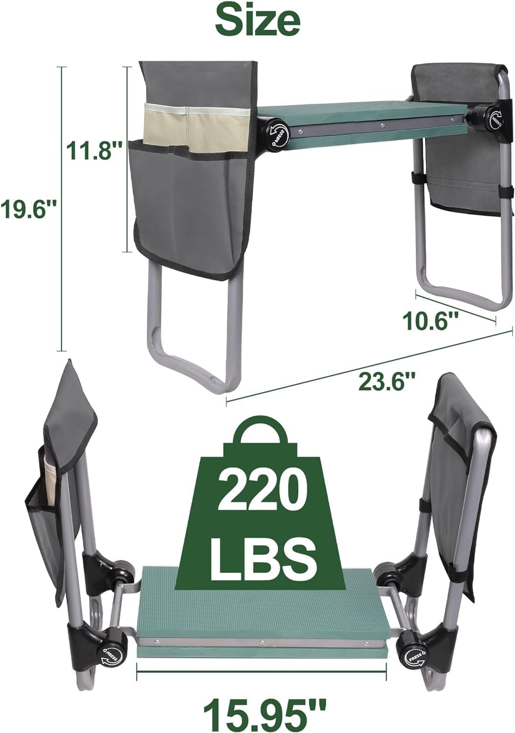 LUCKYERMORE Foldable Garden Kneeler and Seat, New Generation Gardening Stool with 2 Tool Pouches, with Wider&Softer EVA Kneeling Pad, Gardening Gifts for Parents Seniors, Lightweight & Heavy Duty