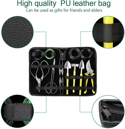 MOSFiATA Bonsai Tools Set 13 Pcs High Carbon Steel Succulent Gardening Trimming Tools Set Include Pruning Shears, Scissors, Mini Rake, Round and Pointed Shovel &Training Wire in PU Leather Bag