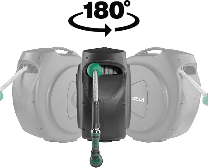 Retractable Garden Hose Reel, 100Ft x 5/8" Durable Wall Mounted Water Hose Reel with 180° Swivel Bracket, 9 Pattern Sprayer, 6Ft leader hose,Smooth Automatic Rewind, Any Length Lock.