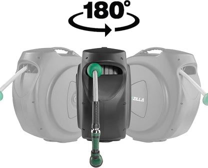 Retractable Garden Hose Reel, 100Ft x 5/8" Durable Wall Mounted Water Hose Reel with 180° Swivel Bracket, 9 Pattern Sprayer, 6Ft leader hose,Smooth Automatic Rewind, Any Length Lock.