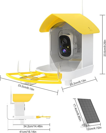 Smart Bird Feeder with Camera, AI Identify Birds Breed, Solar-Powered WiFi FHD 2K Live Camera, Auto Capture Backyard Garden Bird Watching, Motion Detection, Cloud and SD Card Storage,Yellow