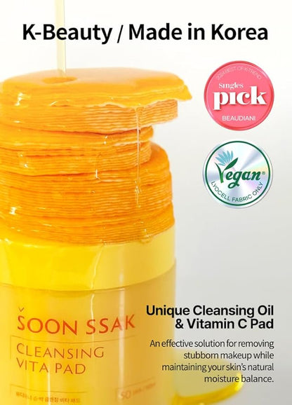 BEAUDIANI Soonssak Vitamin C Cleansing Pads – One-Swipe Makeup Remover, Low-pH 5.3, Dual-Texture Exfoliating Toner Pads, Hydrating Lyocell, Sensitive-Skin Friendly – 50 Count
