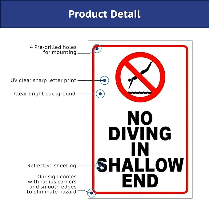 No Diving in Shallow End Pool Safety First! No Diving Signs for Pools - 12x8in Rustic Tinplate Outdoor Warning Decor