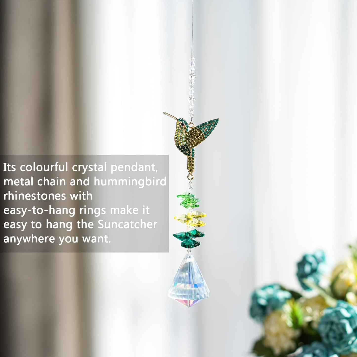 Rhinestones Hummingbird with Crystal Sun Catcher, Glass Window Hanging Ornament,Crystal Prism Suncatcher Outdoor Indoor Home Garden Party Decoration