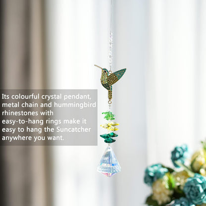 Rhinestones Hummingbird with Crystal Sun Catcher, Glass Window Hanging Ornament,Crystal Prism Suncatcher Outdoor Indoor Home Garden Party Decoration