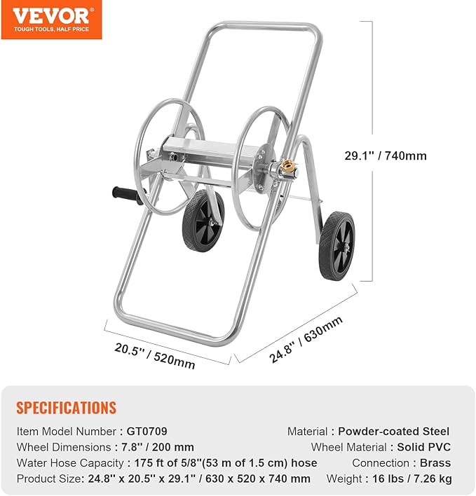 VEVOR Hose Reel Cart, Hold Up to 175 ft of 5/8’’ Hose (Hose Not Included), Garden Water Hose Carts Mobile Tools with Wheels, Heavy Duty Powder-coated Steel Outdoor Planting for Garden, Yard, Lawn