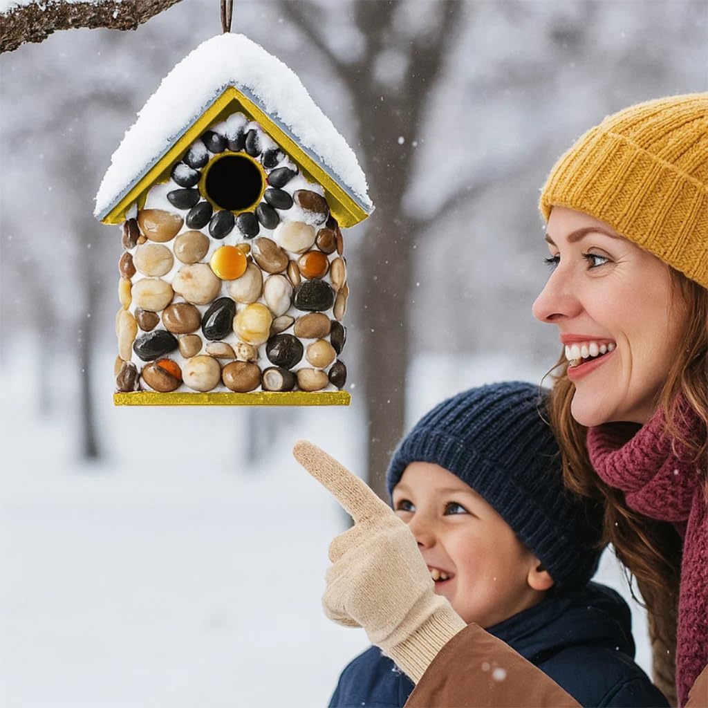 Masterpiece Bluebird Bird House for Outside Clearance, Cedar Bird House Bird Feeder for Outdoor, Stone Villa, Hanging Birdhouse for Outside, Pole Mountable Birdhouse, 10 Yrs Longtime Lasting (Yellow)