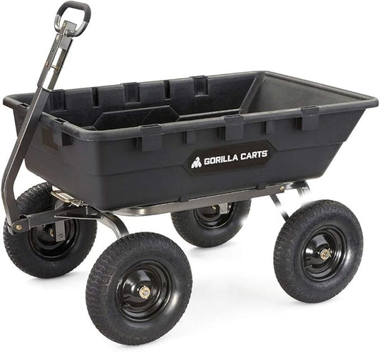Gorilla Carts Heavy-Duty Poly Yard Dump Cart, 10 Cu Ft Tub, 1500 lb Haul Capacity, Black – Towable Utility Wagon with Quick-Release Dumping & Pneumatic Tires for Landscaping and Gardening