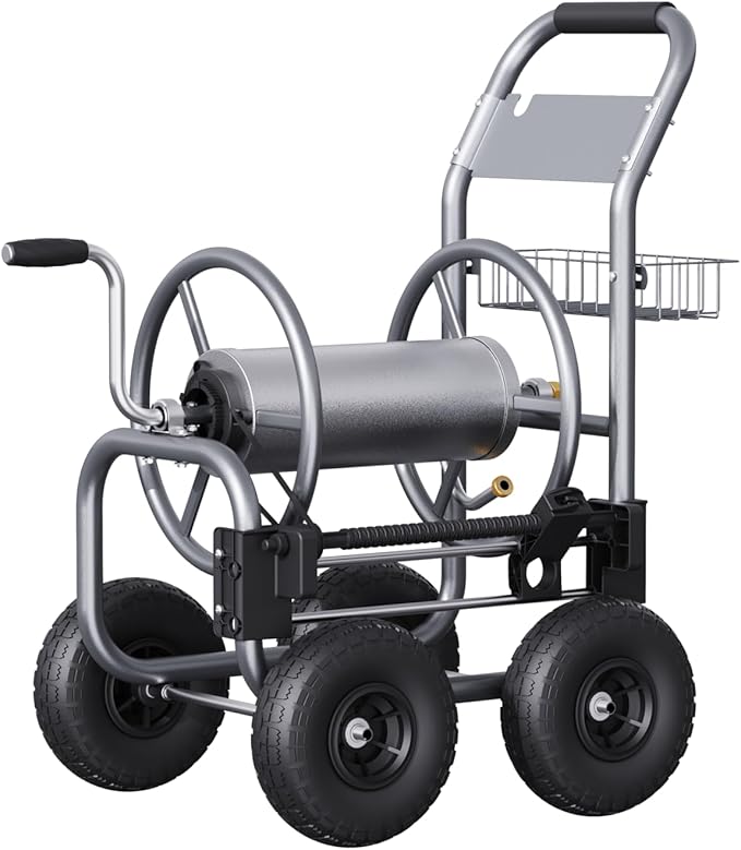 Giraffe Tools Hose Reel Cart with Wheels - Heavy Duty Industrial Hose Reel for Outside, 250-Feet of 5/8" Hose Capacity, Hose Guide Pre-Installed