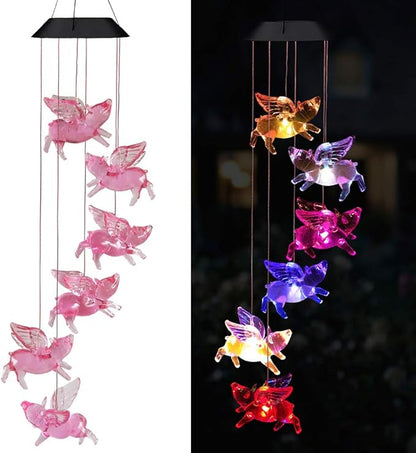Solar Flying Pigs Wind Chimes Outdoor - Waterproof Solar Powered LED Changing Light Color Fly Pigs Mobile Romantic Wind-Bell for Home,Balcony,Party,Festival,Night Garden Decoration(Blackboard)