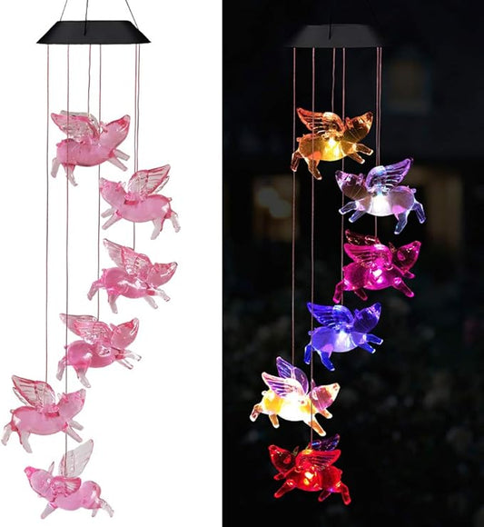 Solar Flying Pigs Wind Chimes Outdoor - Waterproof Solar Powered LED Changing Light Color Fly Pigs Mobile Romantic Wind-Bell for Home,Balcony,Party,Festival,Night Garden Decoration(Blackboard)