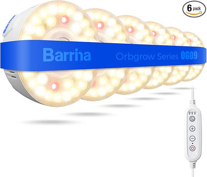 Barrina Orbgrow OG09 Puck Grow Light with Timer, 660nm Red LEDs 54W(6 x 9W, 810 Watt Equiv), Full Spectrum Plant Light for Indoor Plant, Magnetic & Linkable, 5 Levels Dimmable for Plant Shelf, 6 Packs