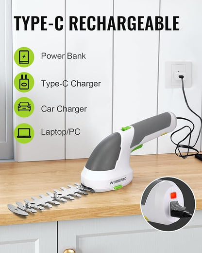 WORKPRO Cordless Grass Shear & Shrubbery Trimmer - 2 in 1 Handheld Hedge Trimmer 7.2V Electric Grass Trimmer Hedge Shears/Grass Cutter Rechargeable Lithium-Ion Battery and Type-C Cable Included