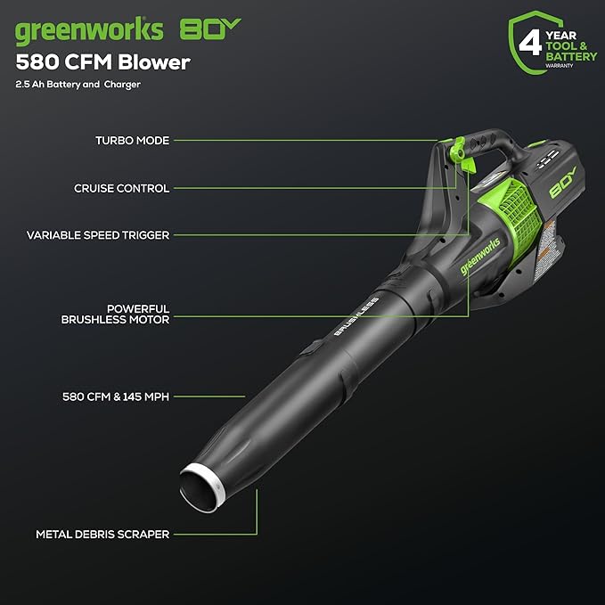Greenworks 80V (145 MPH / 580 CFM / 75+ Compatible Tools) Cordless Brushless Axial Leaf Blower, 2.5Ah Battery and Charger Included