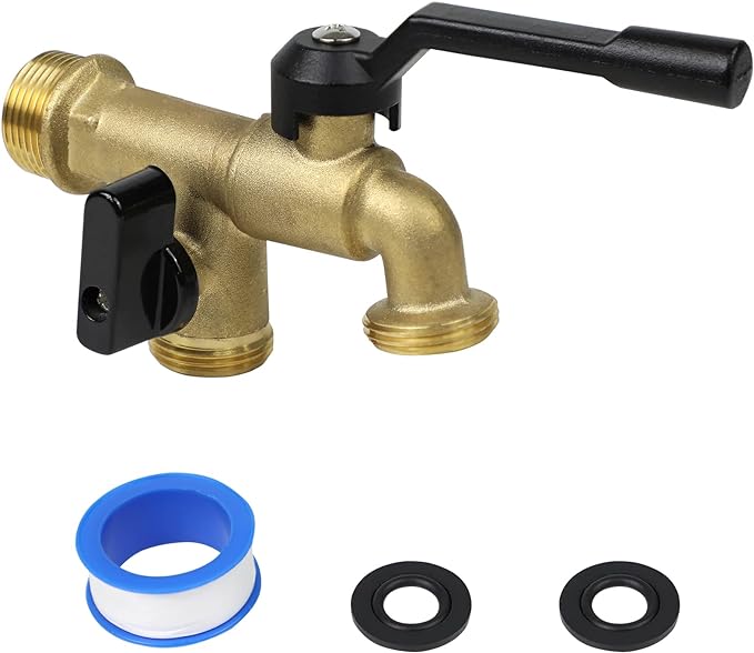 Outdoor Double Taps Water Faucet, Wall Mounted Garden Two 3/4 inch Brass Ball Valves Water Tap Splitter, Frost-Proof Outside Spigot Replacement with 2 Outlets for Home, Balcony, Hose Connector
